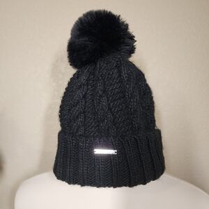 Michael Kors Black Knit Pom Beanie Hat Faux Fur Pom Winter Logo